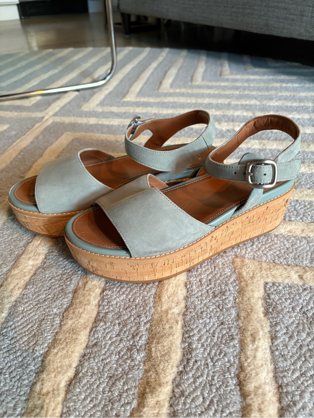 Fitflop Eloise Sandals blue suede size 11 platform cork ankle strap